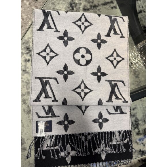 Louis Vuitton Monogram Wool Scarf Black & Gray Reversible Made In Italy - Picture 7 of 9